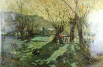 tableau Journée à la ferme Vittaly Jules personnage,scène rurale  huile toile 19e siècle