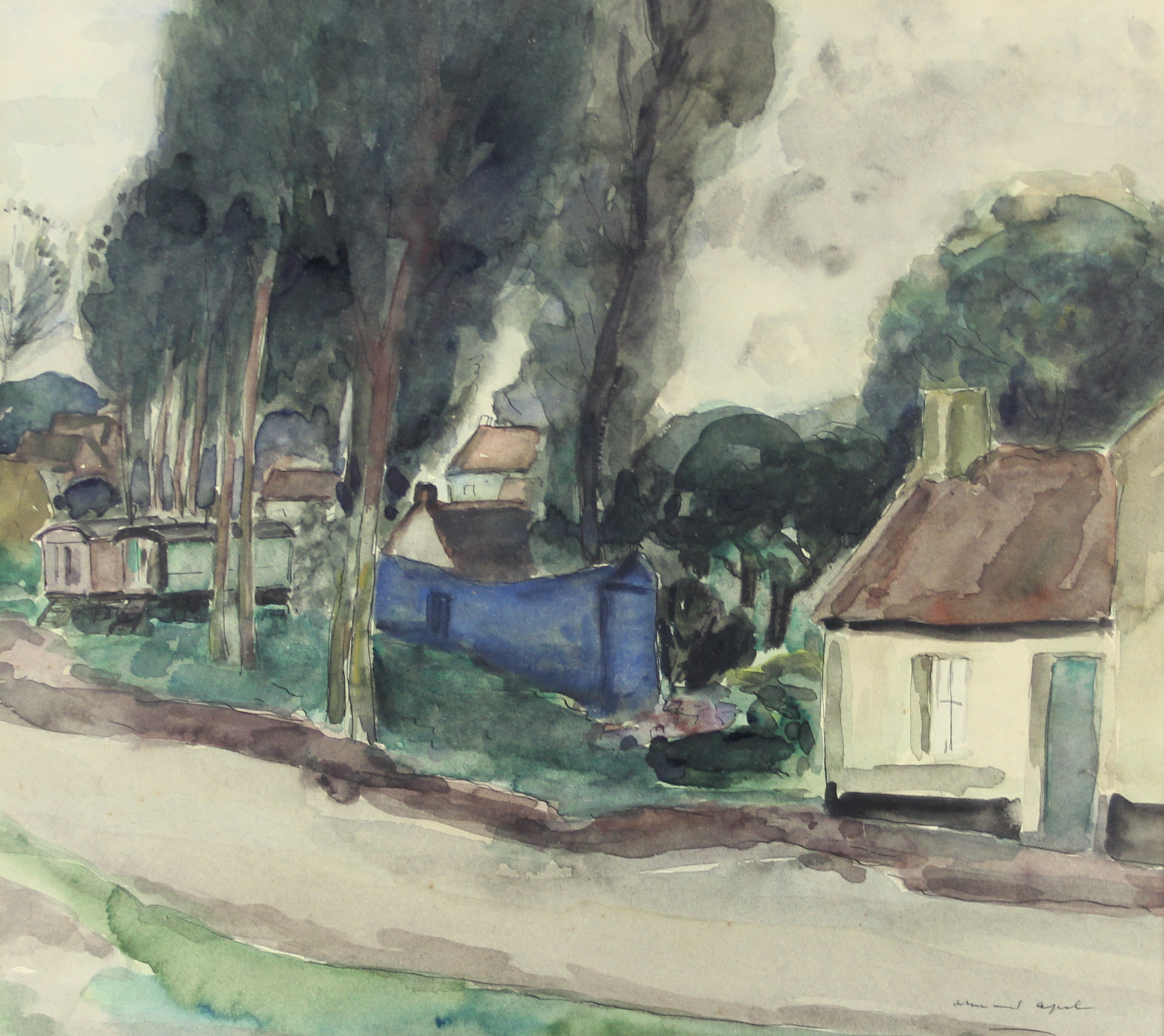 tableau L'entrée du village Apol Armand paysage,village  aquarelle papier 1ère moitié 20e siècle