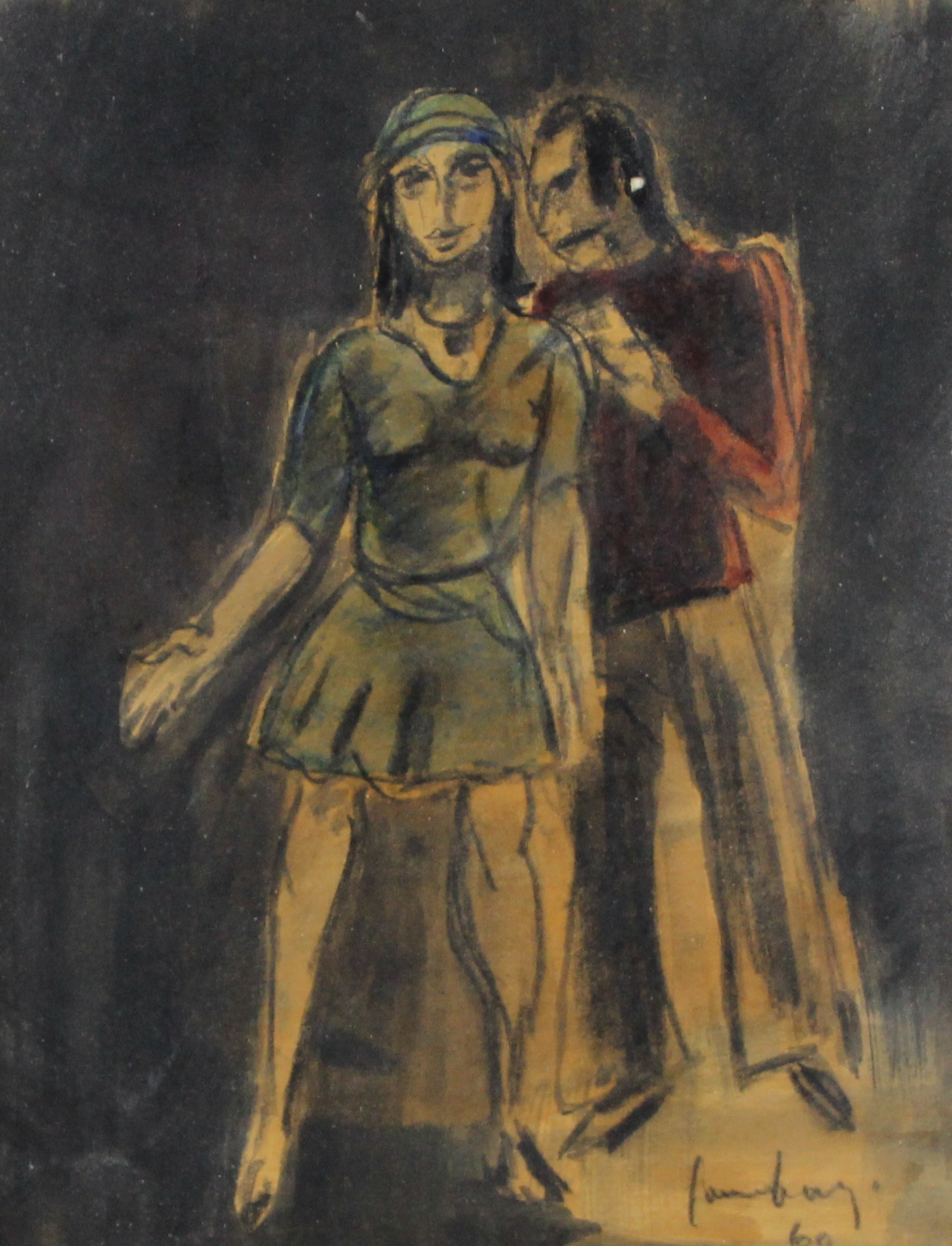 tableau Les amoureux Counhaye Charles personnage  aquarelle papier 2ième moitié 20e siècle