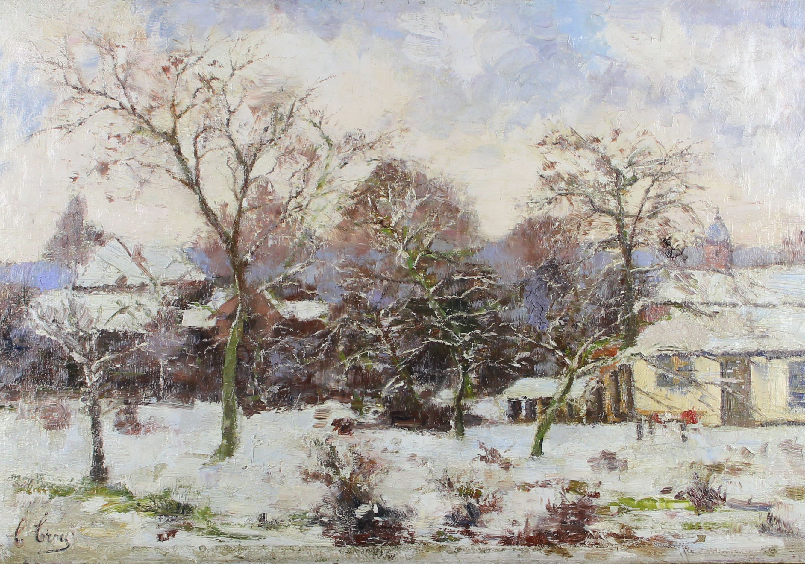 tableau Chaumière sous la neige   paysage,village  huile toile 1ère moitié 20e siècle