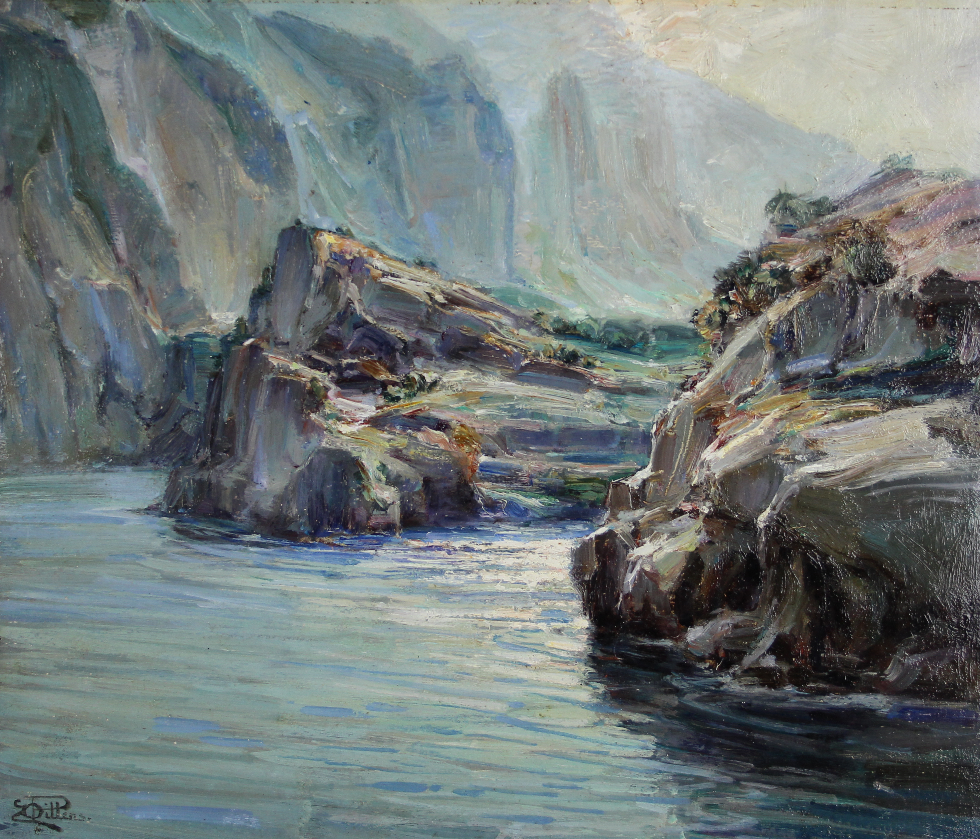 tableau Les falaises  Dillens Paul marine,paysage  huile carton 1ère moitié 20e siècle