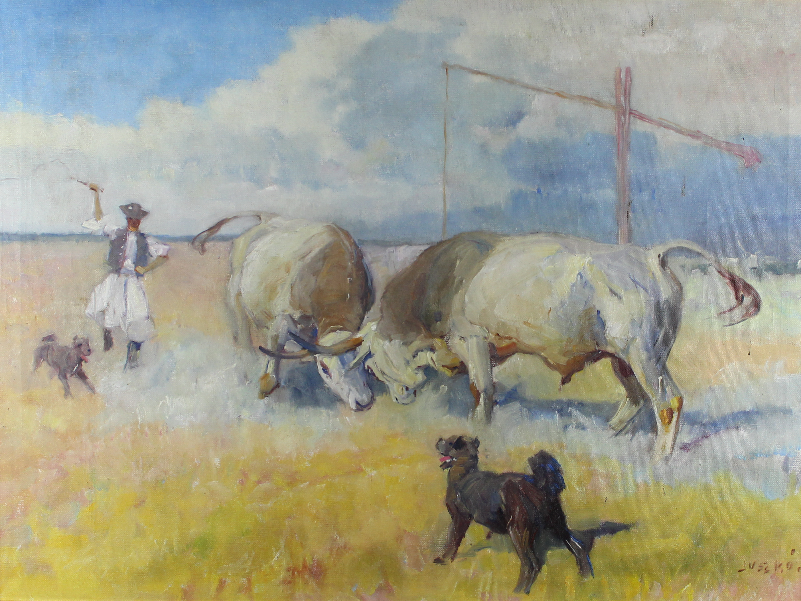 tableau Combat de taureaux  Juszko Bela animaux  huile toile 1ère moitié 20e siècle