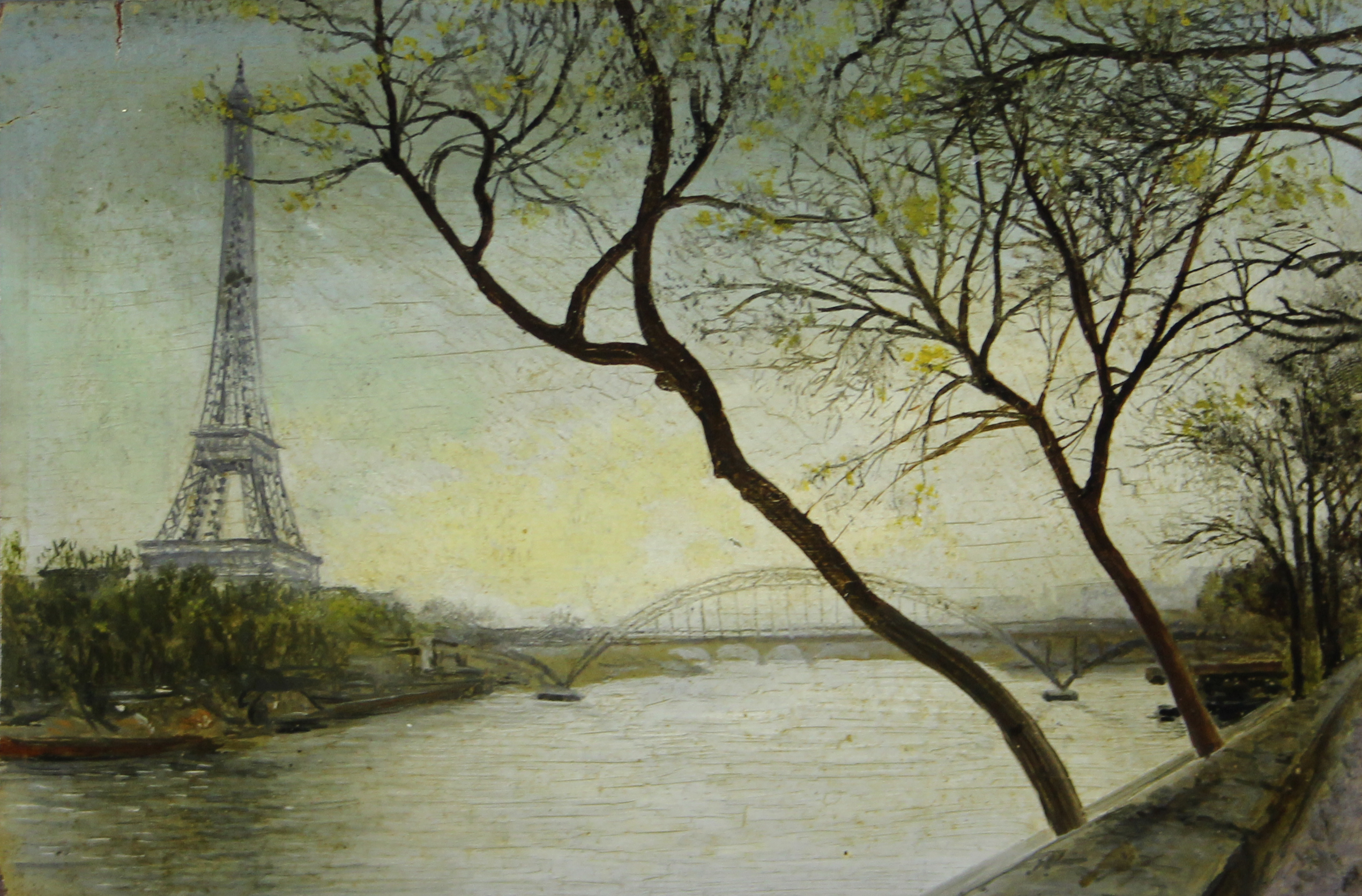 tableau La tour Eiffel    ville  huile carton 1ère moitié 20e siècle