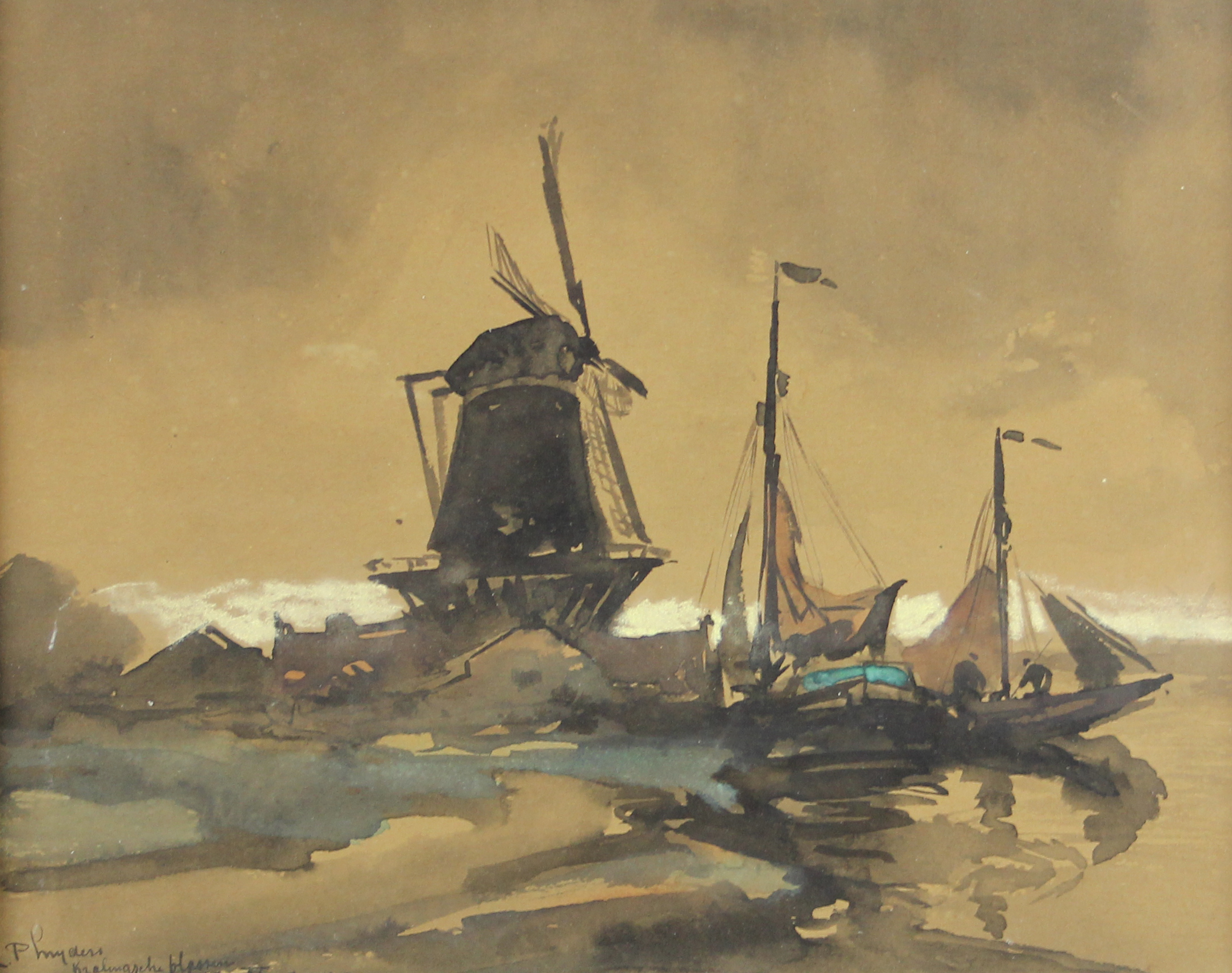 tableau Rotterdam Kalingsche plassen   marine,personnage,moulin  mixte papier 1ère moitié 20e siècle