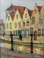 tableau Canal à Bruges    ville  huile panneau 1ère moitié 20e siècle