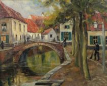 tableau Bruges le pont animé De Wit  ville  huile toile 1ère moitié 20e siècle