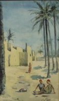tableau Laghourt (sud Algérie) Flasschoen Gustave orientaliste,personnage,village,africaniste  aquarelle papier 19e siècle