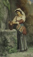 tableau Porteuse d'eau à Rome Meerts Franz paysage,personnage,scène rurale  aquarelle papier 19e siècle
