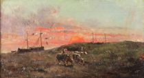 tableau Troupeau dans les dunes   animaux,marine,scène rurale  huile toile 1ère moitié 20e siècle