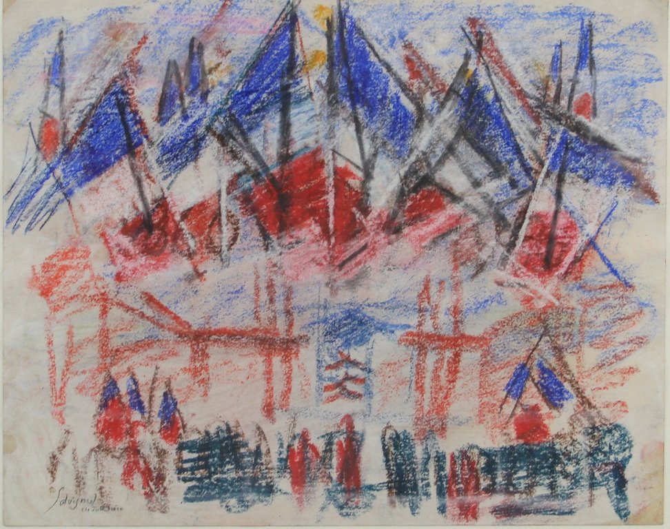 tableau Fête national  Salvignol Alfred scène de genre  pastel papier 1ère moitié 20e siècle