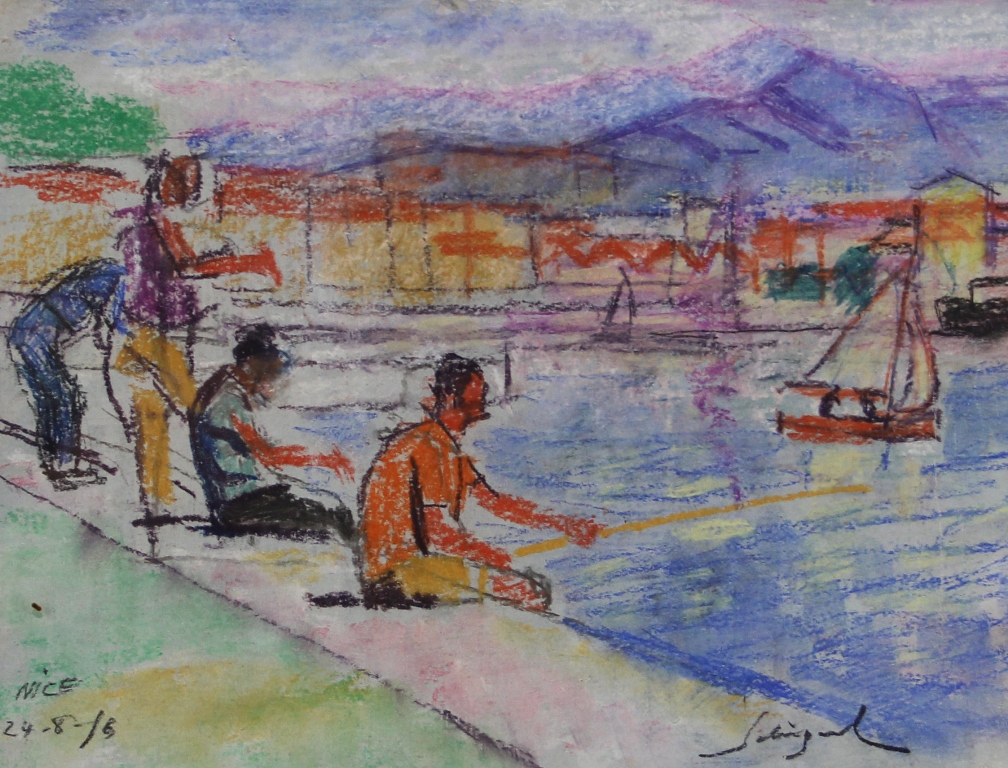 tableau Le port de Nice Salvignol Alfred chasse pêche,personnage,ville  pastel papier 1ère moitié 20e siècle