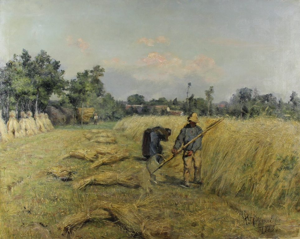 tableau Jour d't Theunissen Charles (karel) paysage,personnage,scne rurale,village  huile toile 19e sicle