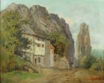 tableau Le rocher Bayard Marinus Ferdinand Joseph Bernard paysage,ville  huile carton 19e siècle