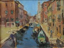 tableau Canal a Venise Van Soens Eric marine,personnage,ville  huile isorel 2ième moitié 20e siècle