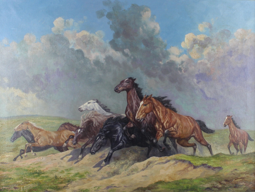 tableau Les chevaux sauvages Pynaert Gustav animaux,paysage  huile toile 1re moiti 20e sicle