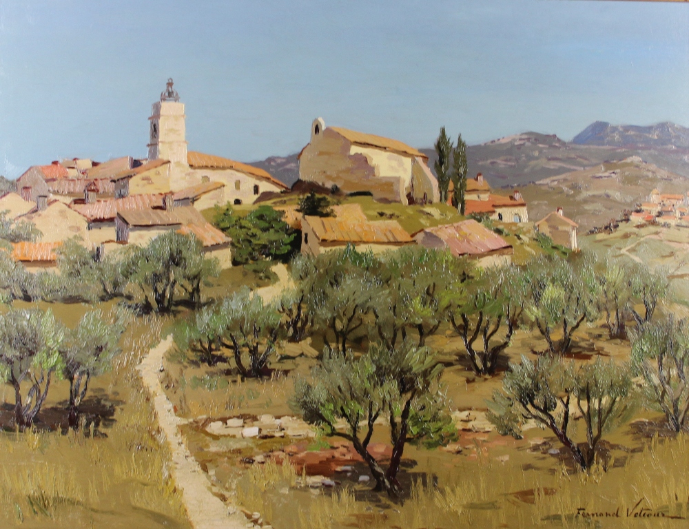 tableau Vue de Montauroux Vetcour Fernand paysage,paysage de montagne,village  huile panneau 2ime moiti 20e sicle