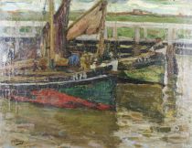 tableau Voiliers au port Crahay Albert marine  huile toile 1ère moitié 20e siècle