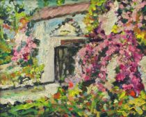 tableau Teneriffe Dombard R fleurs,paysage  huile carton 2ième moitié 20e siècle