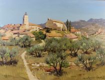 tableau Vue de Montauroux Vetcour Fernand paysage,paysage de montagne,village  huile panneau 2ième moitié 20e siècle