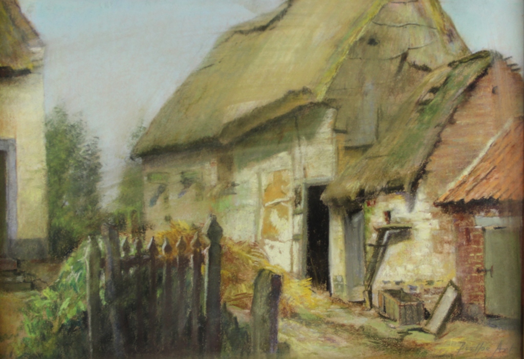 tableau Cour de ferme Art Berthe paysage,scène rurale  pastel papier 1ère moitié 20e siècle