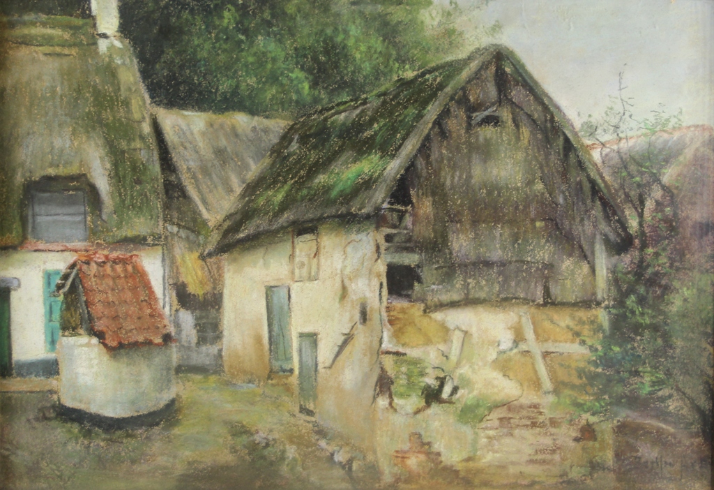 tableau La grange Art Berthe paysage,scne rurale  pastel papier 1re moiti 20e sicle