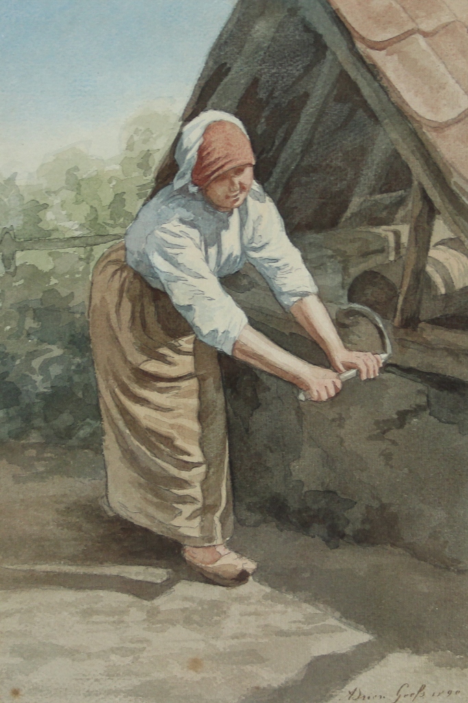 tableau Au puits  Geefs Adrien Charles personnage,scne rurale  aquarelle papier 19e sicle