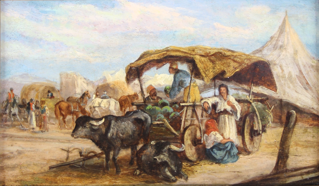 tableau Le marché ambulant   orientaliste,personnage,scène rurale  huile panneau 19e siècle
