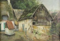 tableau La grange Art Berthe paysage,scène rurale  pastel papier 1ère moitié 20e siècle