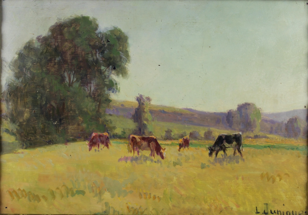 tableau Vaches en prairie  JUNIQUE Lon Rgis animaux,paysage  huile panneau 1re moiti 20e sicle