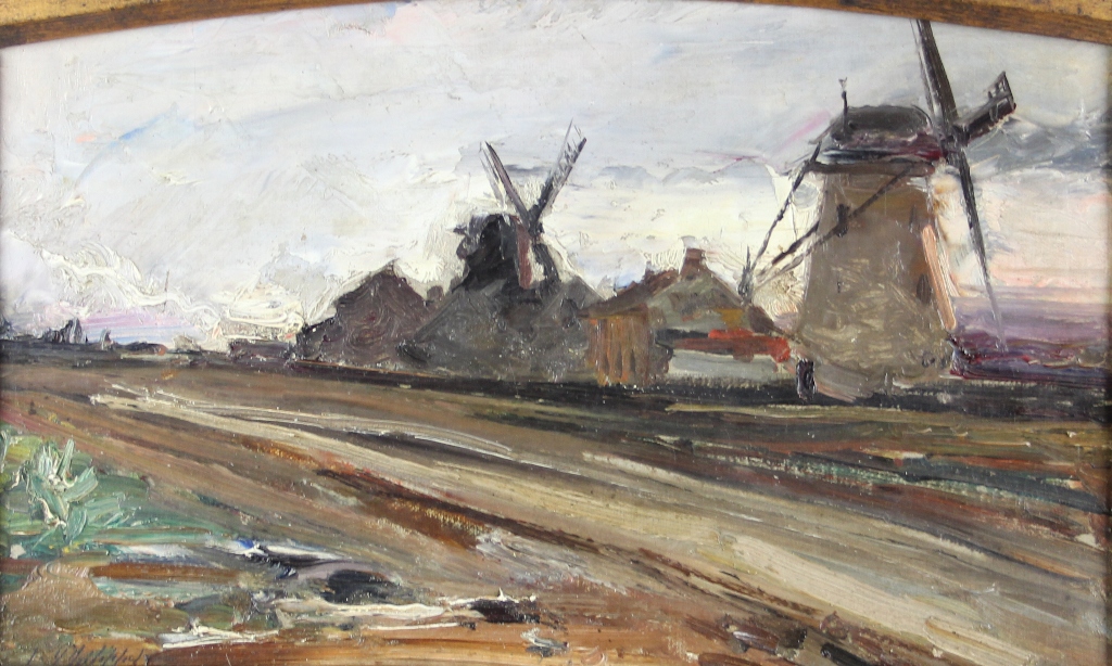 tableau Les Moulins à vents Philippot Léon paysage,village  huile carton 1ère moitié 20e siècle