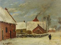 tableau Promenade sur la neige Vogels Guillaume paysage,personnage,village  huile panneau 1re moiti 20e sicle