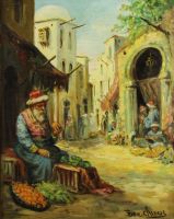 tableau Le marché orientaliste  Chiouc Ben orientaliste,personnage  huile panneau 1ère moitié 20e siècle