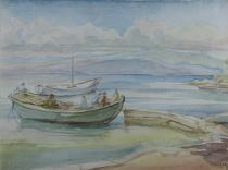 tableau Les bateaux  Hastir Marcel marine,personnage  aquarelle papier 2ième moitié 20e siècle