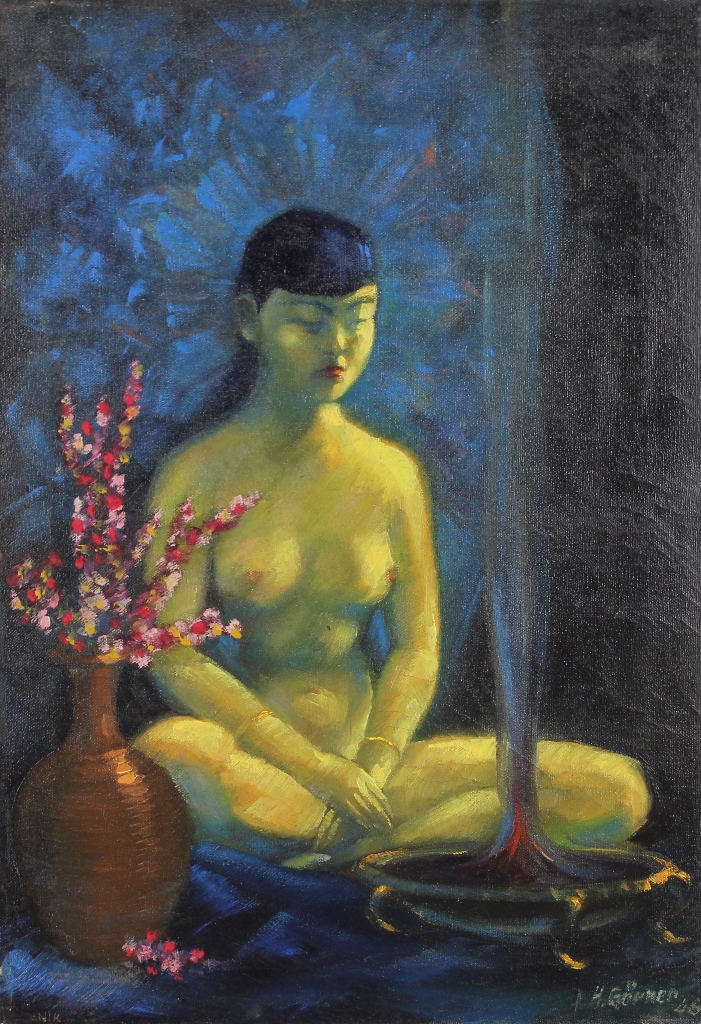 tableau Le lotus   orientaliste,personnage  huile toile 2ième moitié 20e siècle