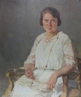 tableau La robe blanche    portrait  huile toile 1ère moitié 20e siècle