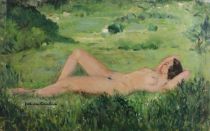 tableau Couchée dans l'herbe Cambier (Ziane) Juliette musique,nu,personnage,scène rurale  huile toile 2ième moitié 20e siècle