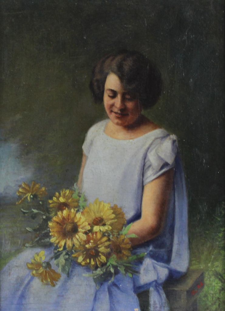 tableau Femme au bouqet   fleurs,portrait  huile carton 1re moiti 20e sicle