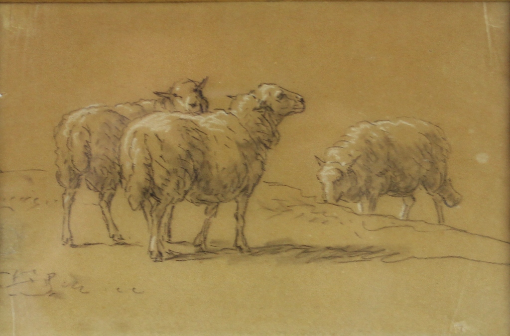 tableau Les trois moutons   animaux  crayon papier 19e sicle