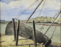 tableau Le bateau échoué   De Meyer  Théodore marine,paysage marin  aquarelle papier 1ère moitié 20e siècle