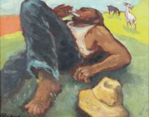 tableau Le repos du berger    animaux,personnage,scène rurale  huile panneau 2ième moitié 20e siècle