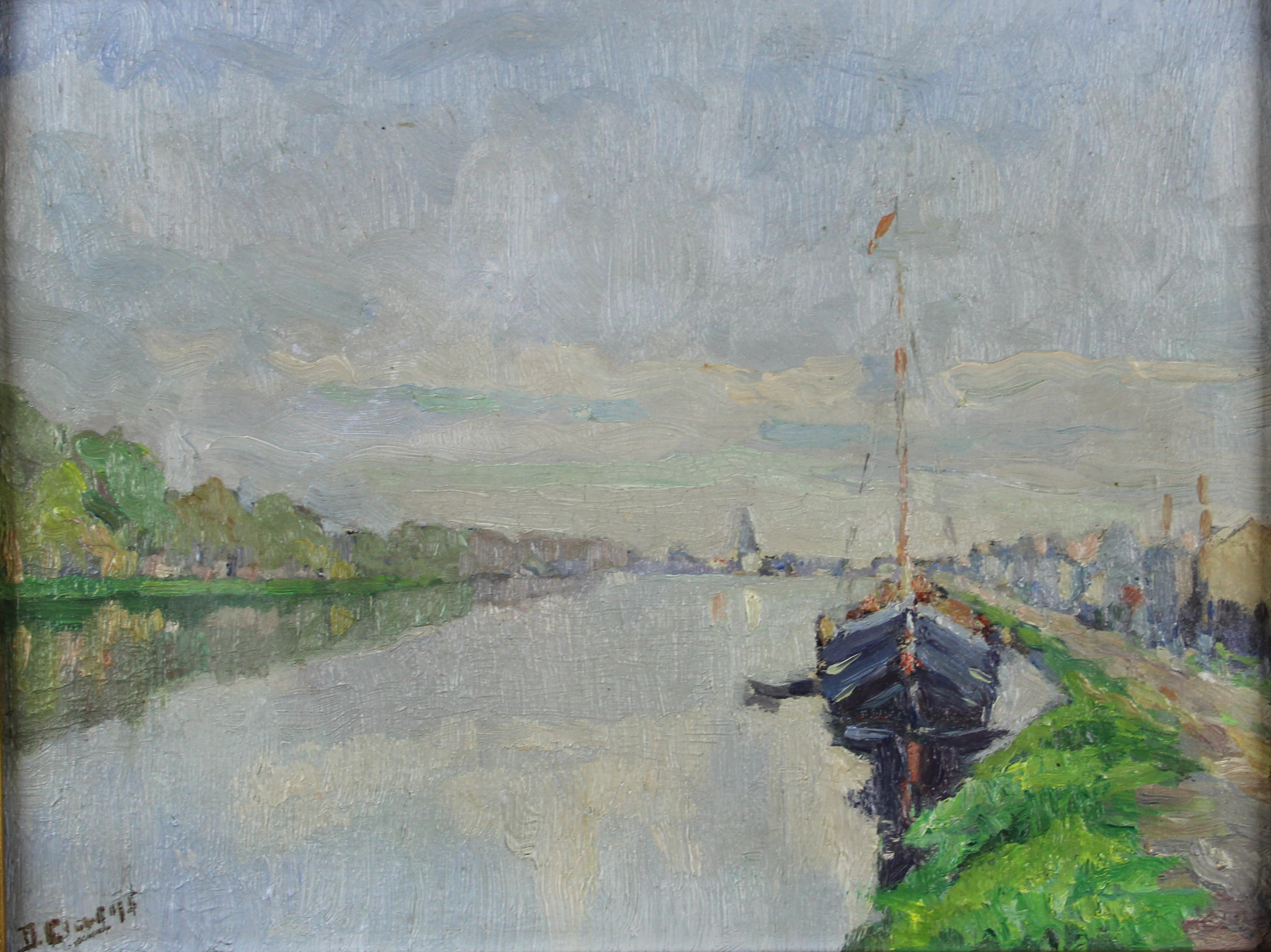tableau Le canal   marine,paysage  huile carton 1ère moitié 20e siècle