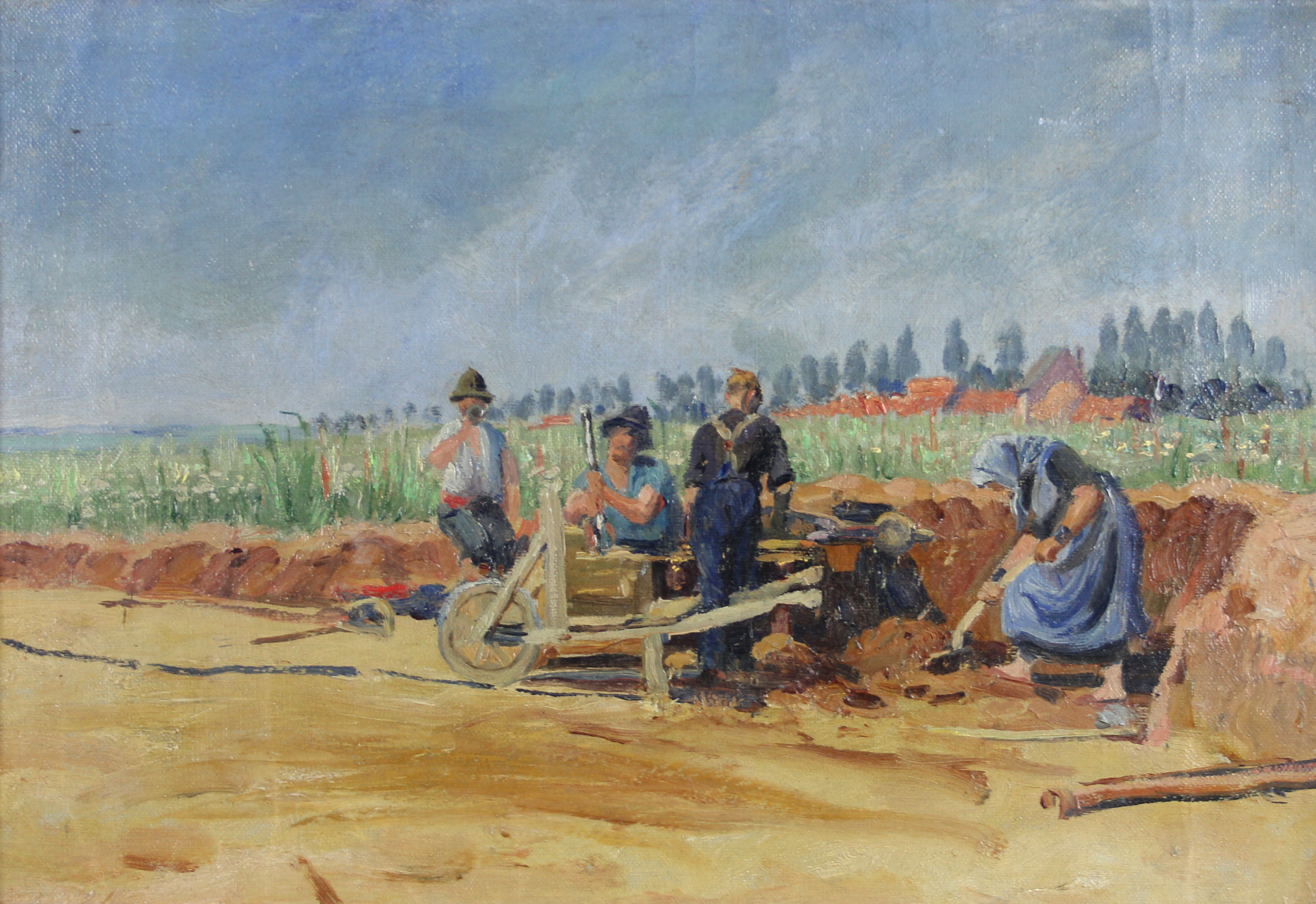 tableau Travaux d'été   nu,paysage,personnage,scène rurale  huile toile 1ère moitié 20e siècle