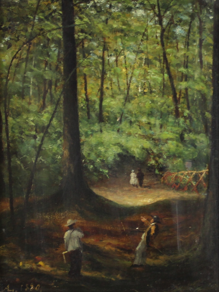 tableau Recherche de l’endroit idale pour peintre Grard John personnage,scne de genre,sous-bois  huile panneau 19e sicle