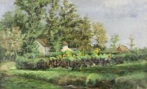 tableau Paysage aux tournesol   fleurs,paysage  huile toile 1ère moitié 20e siècle