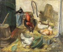 tableau Le coq et les poules Van den Eycken Marie animaux,scne rurale  huile toile 19e sicle