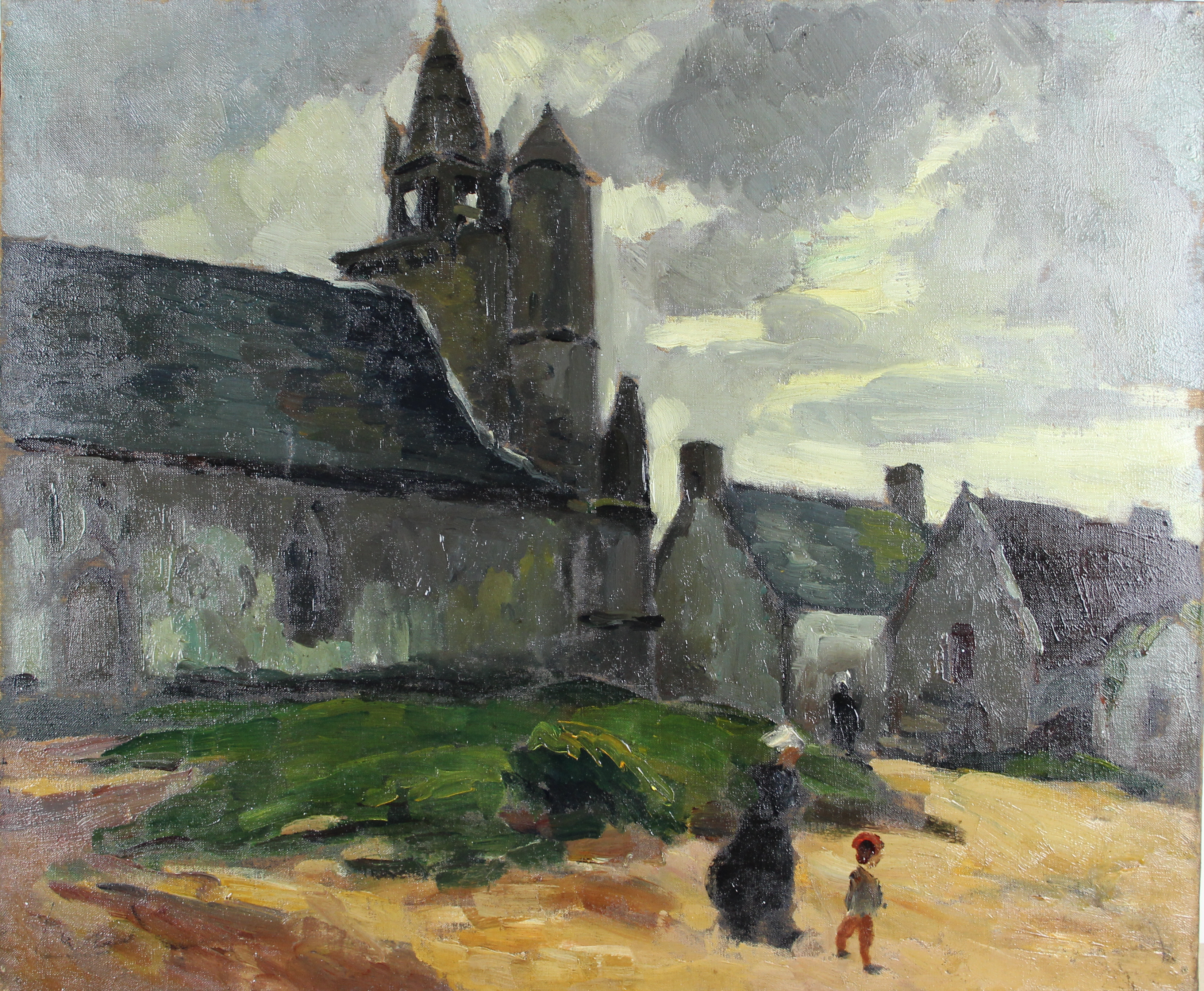 tableau Village Breton   paysage,personnage,village  huile toile 1re moiti 20e sicle