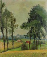 tableau Paysage Brabançon  Delattre  paysage  huile carton 2ième moitié 20e siècle