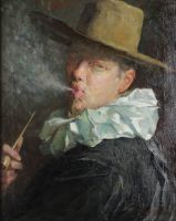 tableau Le fumeur  la pipe  Gorge Paul portrait  gravure toile 19e sicle