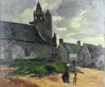 tableau Village Breton   paysage,personnage,village  huile toile 1re moiti 20e sicle