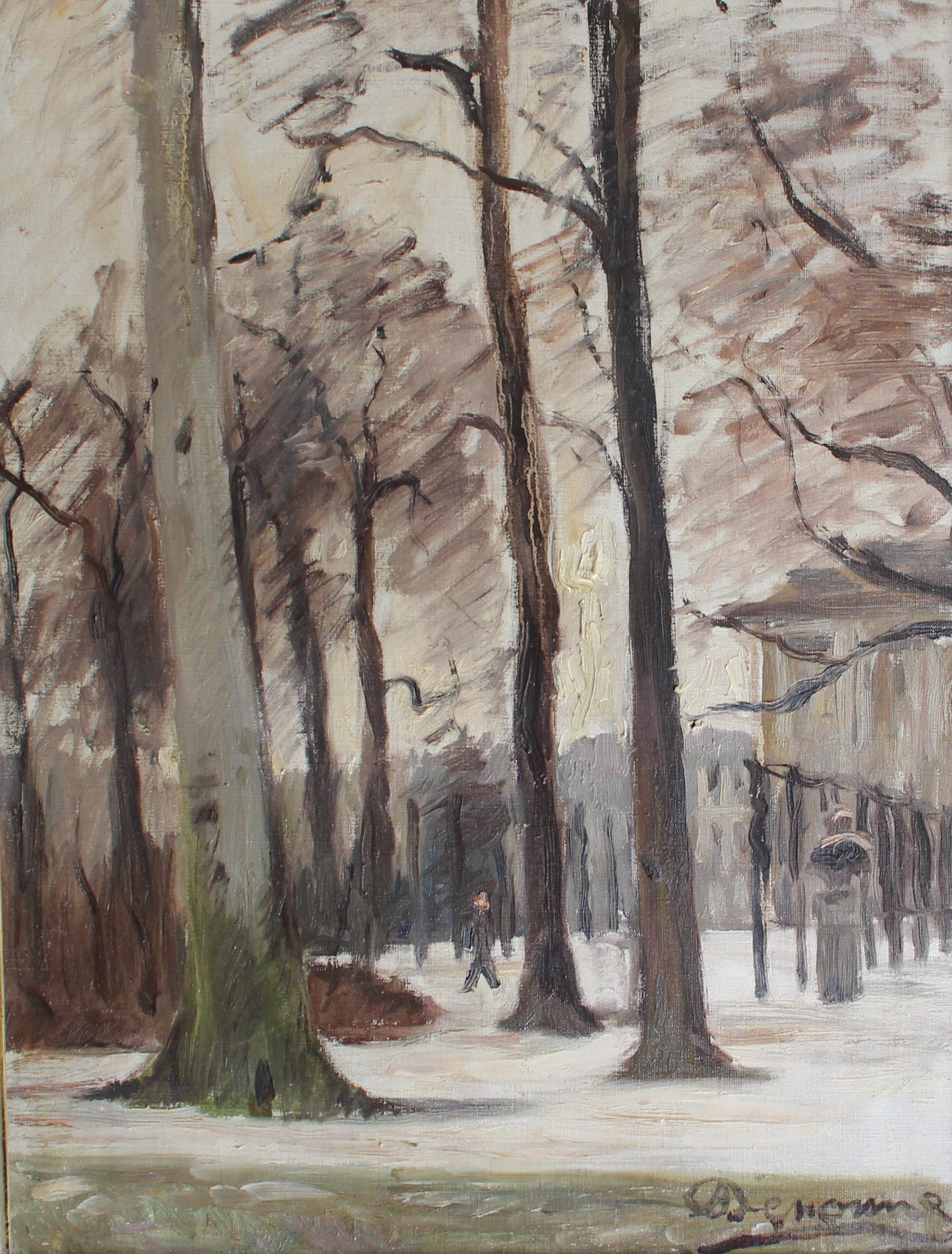tableau Promenade dans la neige Denonne Alexandre paysage,personnage  huile toile 1re moiti 20e sicle